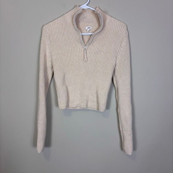 Aerie Cream Ribbed Quarter Zip Pullover Cropped Sweater Large - Picture 1 of 5